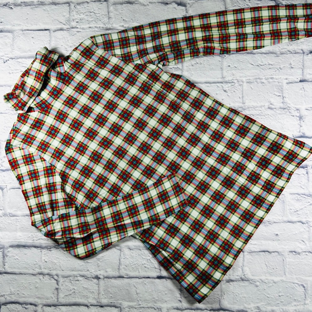 Lands End Womens Plaid Turtleneck Fitted Long Sleeve Top White Red Blue Size M